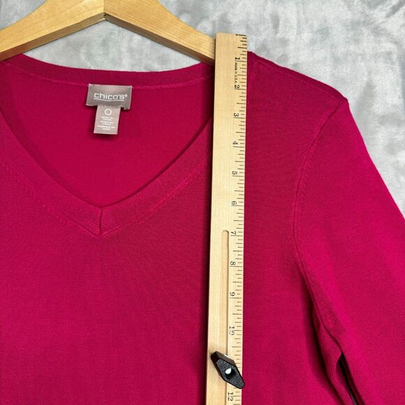 Chicos Sweater Womens Small Pink V Neck 3/4 Raglan Sleeve Rhinestone Thin Knit - Picture 10 of 11